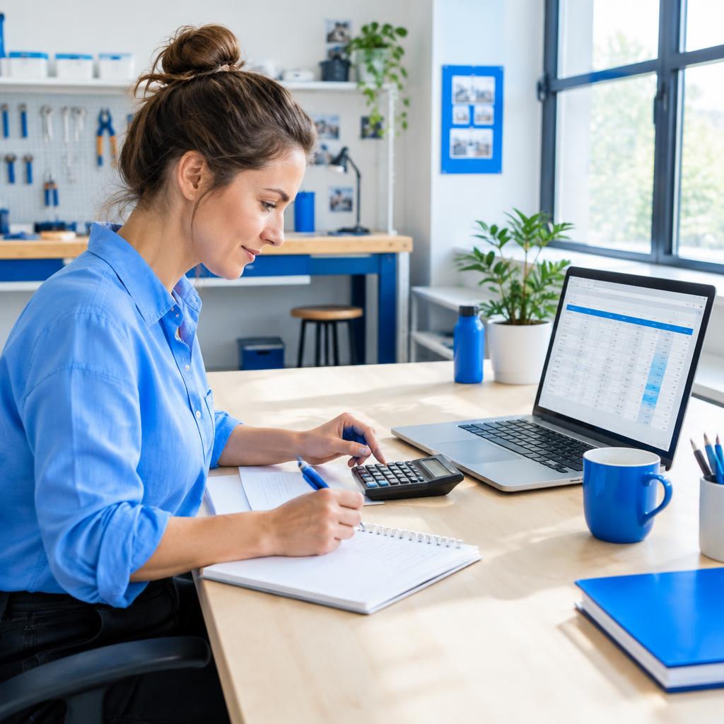 Ondernemer rekent op een bureau met calculator en laptop haar tarief uit